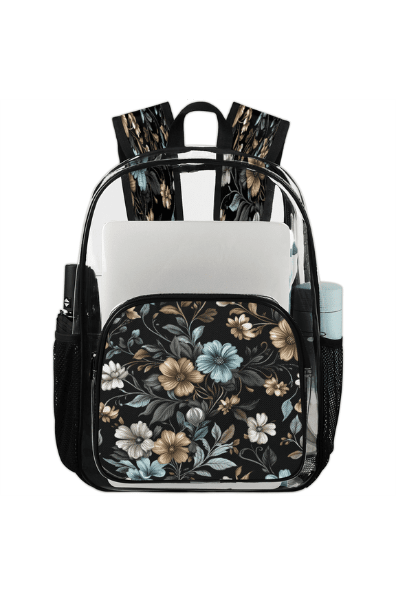 Vintage Flowers Clear Backpack for Stadium Events, Spring Retro Floral Transparent Plastic Bag for Games, Security Checks, Festivals, Concerts