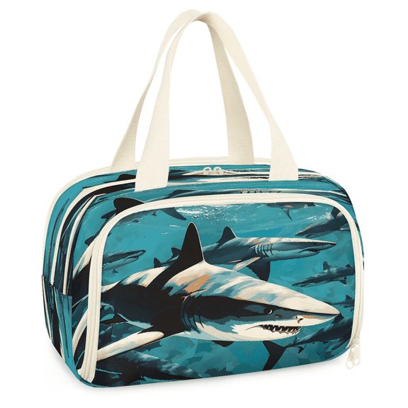 Jiaoprinted Vintage Sharks Travel Toiletry Bag for Women, Large Wide-open Makeup Bag, Ocean Waterproof Cosmetic Bag Organizer with Handle