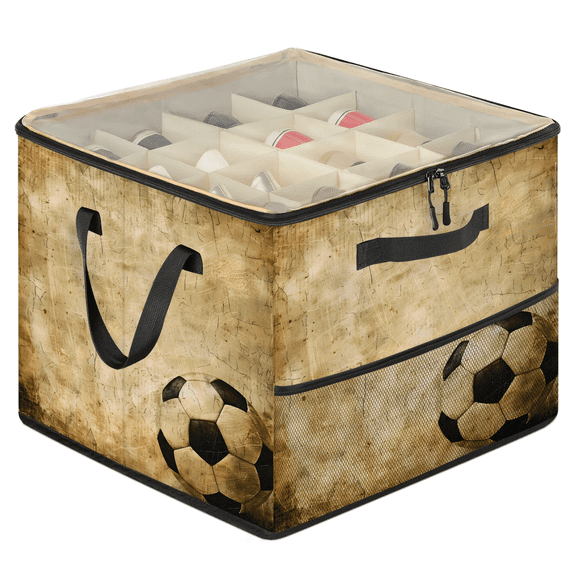 Jiaoprinted Vintage Soccer Ball Shoe Organizer for Closet, Adjustable Divider Shoe Storage Bin with Clear Lid, Foldable Stackable Closet Shoe Storage with Side Mesh Pocket, Sports