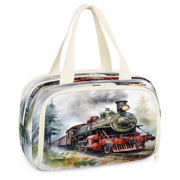 Jiaoprinted Vintage Steam Train Travel Toiletry Bag, Large Makeup Organizer for Women, Watercolor Pine Forest Lightweight Cosmetic Pouch with Handle for Traveling, Accessories, Essentials, Toiletries