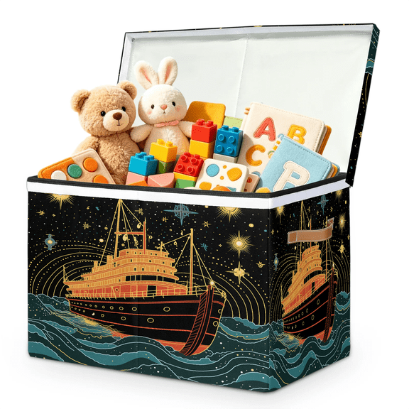 Jiaoprinted Vintage Steamship Large Toys Storage Box with Lid and Divider, Retro Nautical Foldable Toys Storage Organizer, Stackable Home Organization, 85L