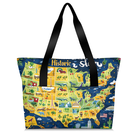 Jiaoprinted Vintage United States State Map Tote Bag for Women, Retro Zipper Travel Handbag for Teacher Nurse, Lightweight Work Shoulder Bag
