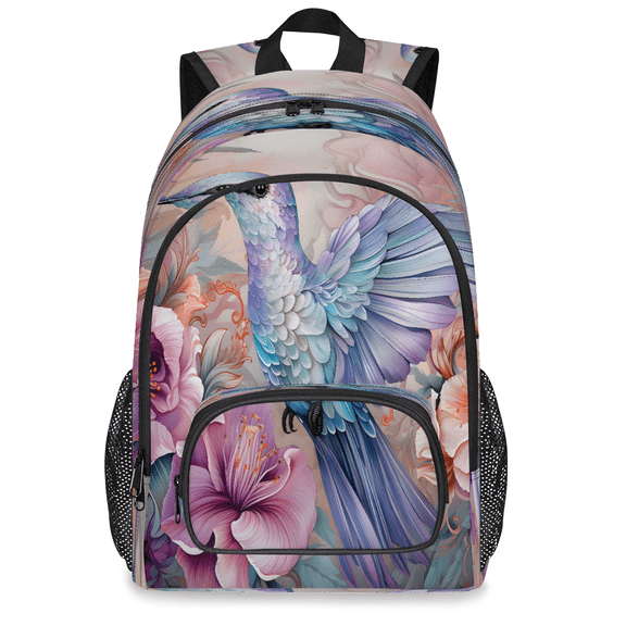 Jiaoprinted Watercolor Hummingbird Flowers Backpack, Large Spring Floral Bird Travel Laptop Backpack Men Women Work Business Computer Casual Daypack Rucksack, 18 Inch