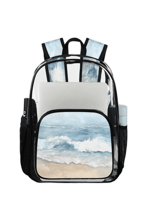 Watercolor Waves Clear Backpack for Stadium Events, Ocean Beach Transparent Plastic Bag for Games, Security Checks, Festivals, Concerts