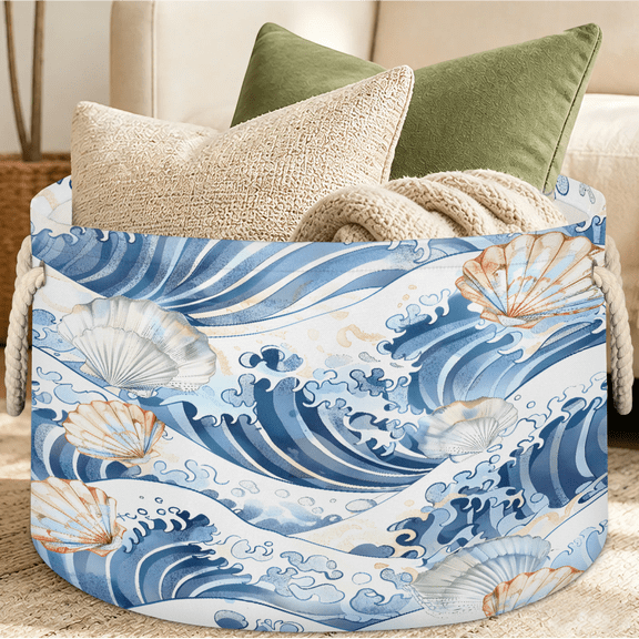 Jiaoprinted Watercolor Waves Seashells Large Round Collapsible Storage Basket, 65L Fabric Storage Organizer Bin with Handles for Blankets Linens Clothes, 19.4" x 13.3" Nautical