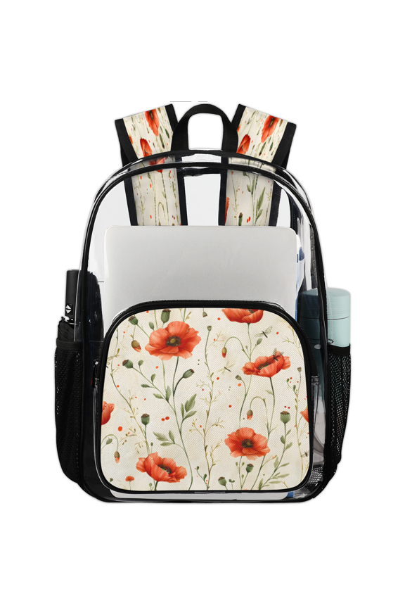 Wildflower Red Poppies Clear Backpack for Stadium Events, Spring Floral Transparent Plastic Bag for Games, Security Checks, Festivals, Concerts