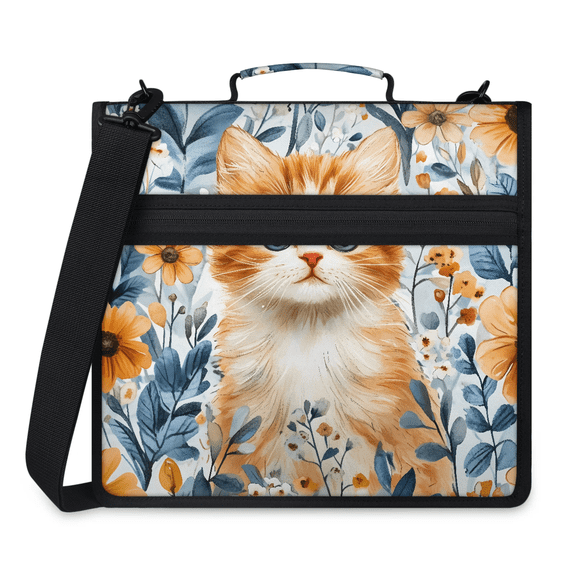 Jiaoprinted Wildflowers Cat Daisy Spring Zipper Binder, Cute Cat 3 D-Ring Binder, Multi-Pocket Expanding Organizer Bag with Handle and Shoulder Strap for Travel Work