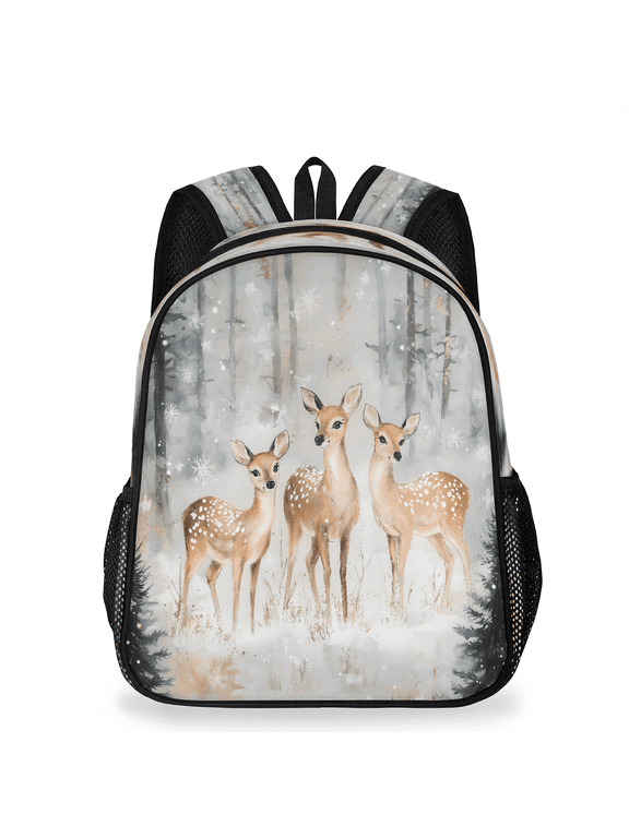 Winter Deer Backpack, Lightweight Casual Daypack with Chest Strap & Water Bottle Pockets, Watercolor Deer Family Sports Travel Bag for Work