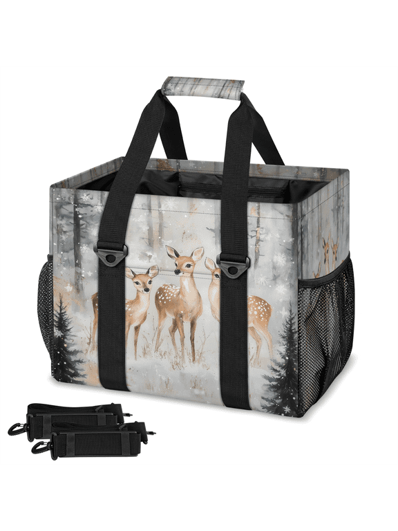 Winter Deer Reusable Grocery Bag 33L Large Foldable Shopping Bag with Detachable Shoulder Strap & Mesh Pockets, for Beach Camping Travel, Watercolor Deer Family