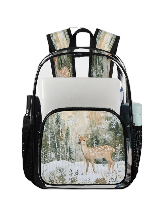 Winter Forest Deer Clear Backpack for Stadium Events, Transparent Backpacks See Through Plastic Bag for Concerts & Work, Woodland Fawn Snowflakes