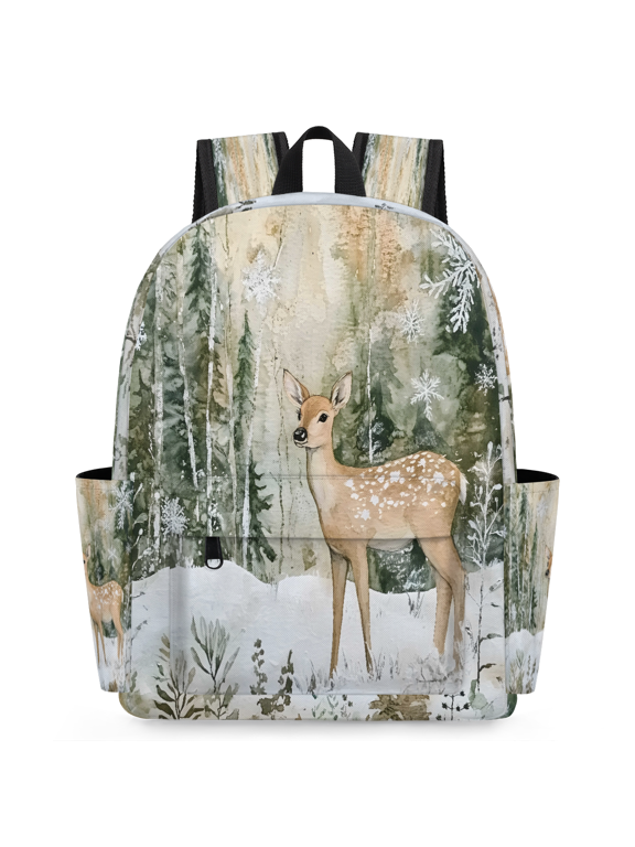 Winter Forest Deer Travel Backpack for Adults, Breathable Adjustable Strap Casual Daypack, Lightweight Woodland Fawn Snowflakes Work Laptop Backpack