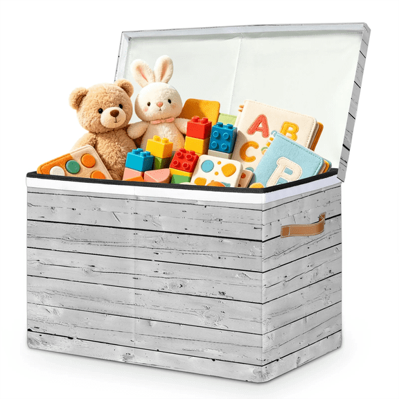 Jiaoprinted Wooden Large Toys Storage Box with Lid and Divider, Wood Plank Texture Foldable Toys Storage Organizer, Stackable Home Organization, 85L
