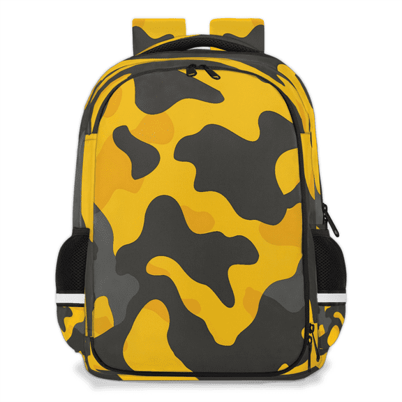 Jiaoprinted Yellow and Black Camouflage Multi-Functional Backpack, 16" Waterproof Travel Casual Daypack with Reflective Strip, Camo Work Laptop Backpack for Men Women