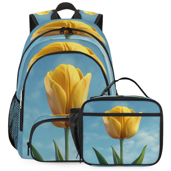 Jiaoprinted Yellow Tulip Backpack with Lunch Bag Set, 18.3 Inch Travel Laptop Backpack with Insulated Cooler Lunch Box, Spring Flower Casual Daypack Work Bag