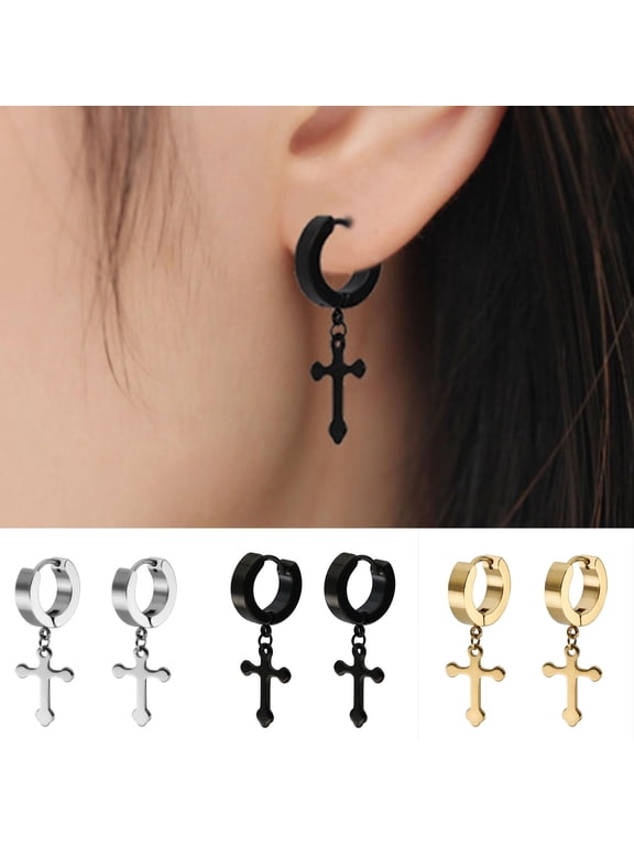 1 Pair Dangle Cross Earring Long Lasting Stylish Pendant Titanium Steel Men Women Adult Cross Pendant Hoop Earring for Party