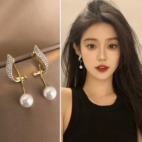 Jiaroswwei 1 Pair Stud Earrings Bling Rhinestone Luxury Elegant Lustrous Faux Pearl Dangle Earrings Fashion Jewelry