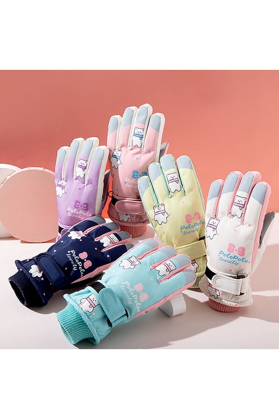 1 Pair Winter Ski Gloves with Fastener Tape Water-Resistant Windproof Fleece Lining Thermal Touchscreen Gloves for Kids