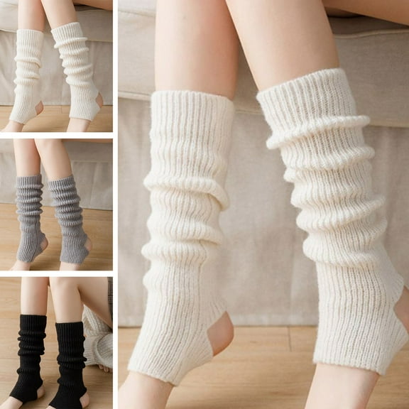 Jiaroswwei 1 Pair Women Winter Leg Warmers Thickened Solid Color Japanese Lolita Elastic Anti-slip Warm Compression Hollowed Out Foot Heel Knitted Soft Calf Socks High Socks