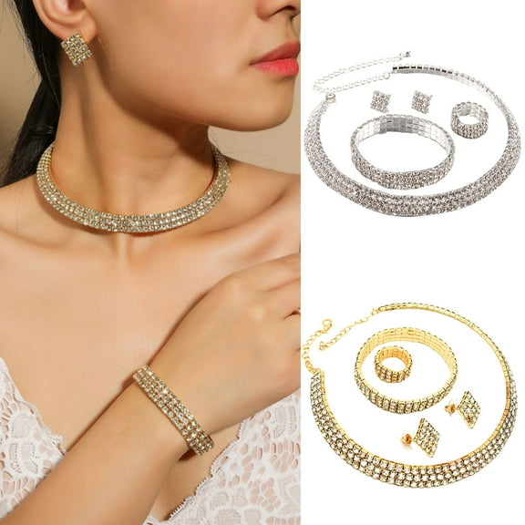 Jiaroswwei 1 Set Necklace Bracelet Earrings Ring Geometric Rhinestones Jewelry Shining Bright Luster Jewelry Set for Wedding