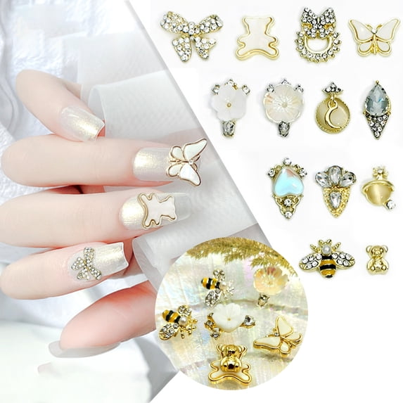 Jiaroswwei 10Pcs Nail Art Jewelry Exquisite Butterfly Bee Flower Bear Charms Shiny 3D Manicure Rhinestone Decoration Nail Supplies