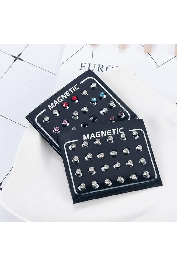 12Pairs/Set Unisex Rhinestone Inlaid Magnetic Stud Earrings Non Piercing Jewelry