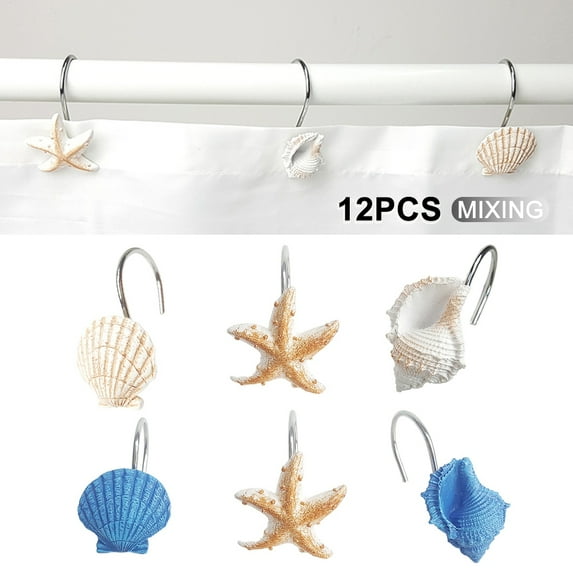 Jiaroswwei 12Pcs Resin Seashell Conch Starfish Shower Curtain Hook Hanger Bathroom Decor