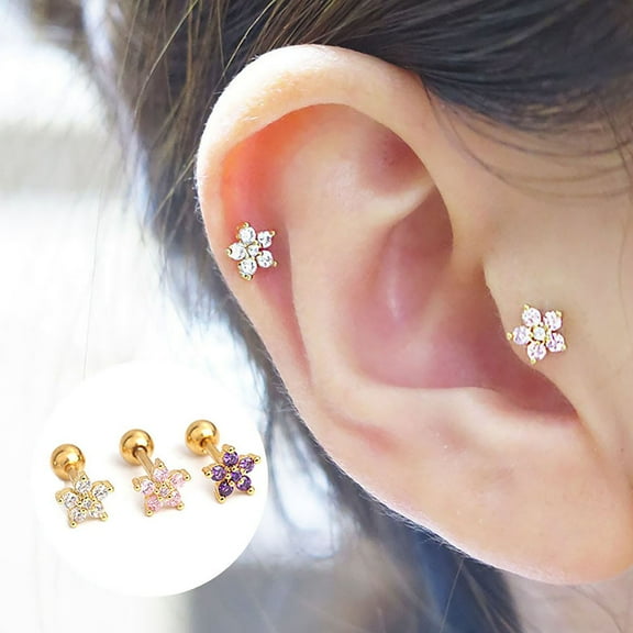 Jiaroswwei 1Pc Beautiful Piercing Stainless Steel Stick Ear Bone Stud Cubic Zirconia Flower Small Stud Earring Jewelry Accessory
