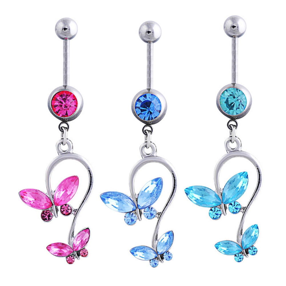Jiaroswwei 1Pc Double Butterfly Rhinestone Belly Button Navel Ring ...