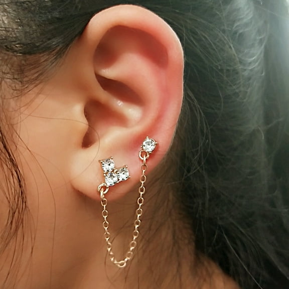 Jiaroswwei 1Pc Golden Tone Shiny Rhinestone Heart Double Ear Stud Chain Linked Earrings