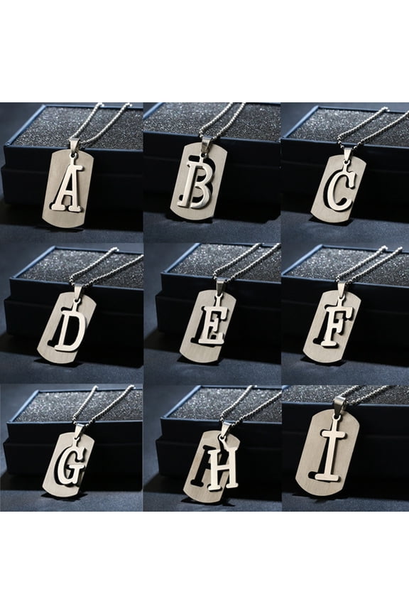 26 Letters Alphabet Dog Tag Pendant Beaded Chain Punk Stainless Steel Necklace