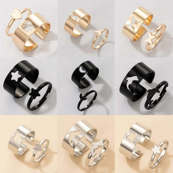 Jiaroswwei 2Pcs/Set Adjustable Couple Rings Heart/Moon/Star/Dolphin Shape Jewelry Creative Exquisite Open Rings for Gifts