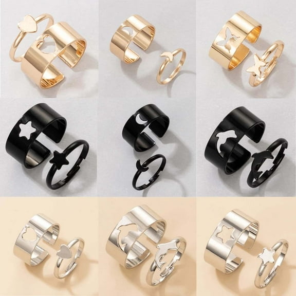 Jiaroswwei 2Pcs/Set Adjustable Couple Rings Heart/Moon/Star/Dolphin Shape Jewelry Creative Exquisite Open Rings for Gifts