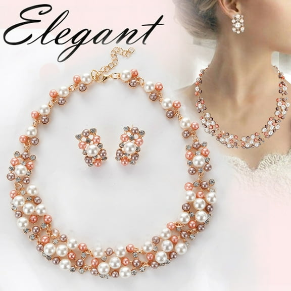 Jiaroswwei 2Pcs Women Fashion Faux Pearl Rhinestone Inlaid Necklace Earrings Jewelry Set
