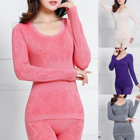 Jiaroswwei 2Pcs Women Winter O Neck Top Long Pants Thermal Underwear Shaper Sleepwear Set