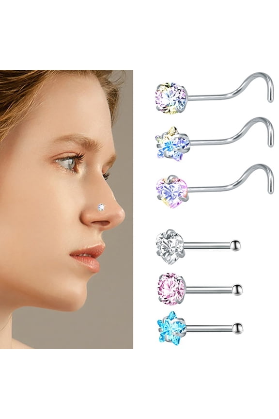 3Pcs Nose Stud Star Heart Stainless Steel Cubic Zircon Nose Rings for Party