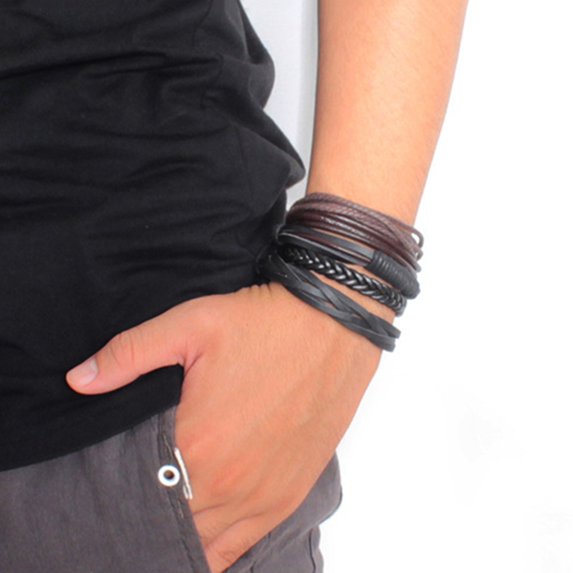 Jiaroswwei 4Pcs/Set Vintage Handmade Woven Leather Rope Bracelet Bangle Men Jewelry Gift