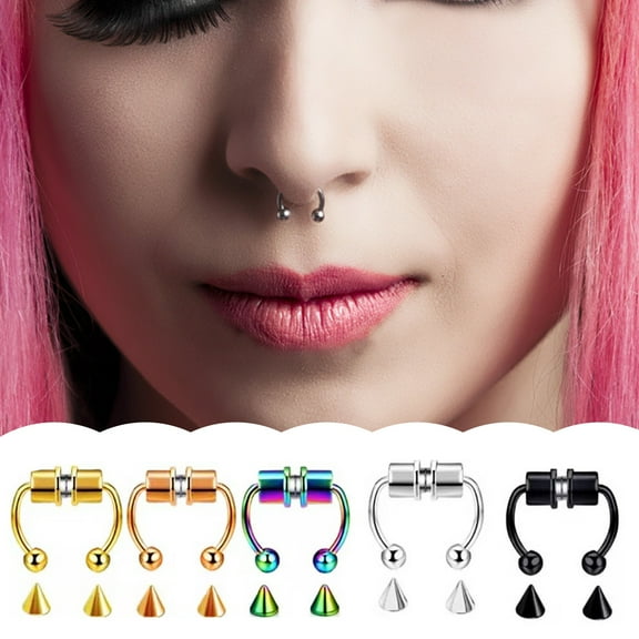 Jiaroswwei 5Pcs Nose Ring Non Piercing Magnetic Stainless Steel False Horseshoe-shape Nose Hoop for Party