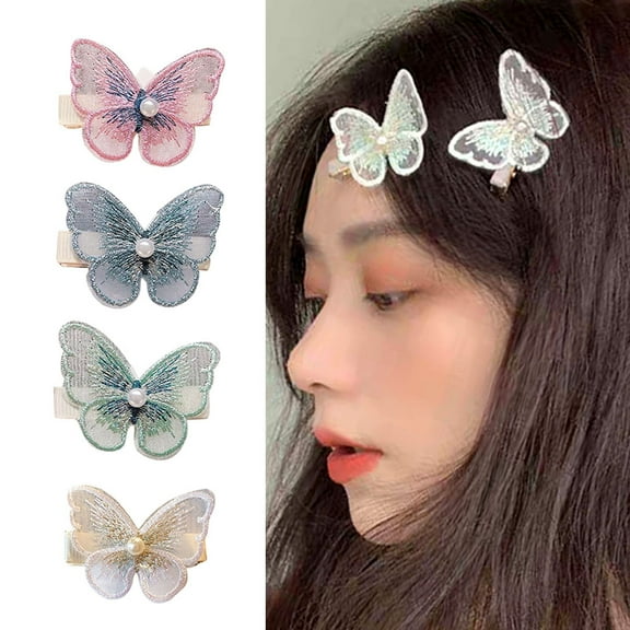 Jiaroswwei 5Pcs Women 3D Butterfly Embroidery Faux Pearl Hairpin Side Bangs Hair Clips