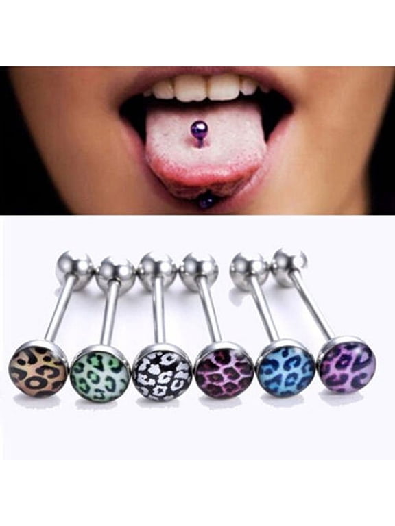 6Pcs Mixed Leopard Ball Barbell Bar Tongue Ring Stainless Steel Body Jewelry
