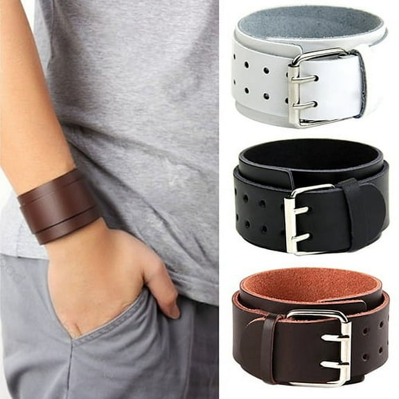 Jiaroswwei Adjustable 2 Layers Men's Faux Leather Wristband Buckle Cuff Bangle Bracelet