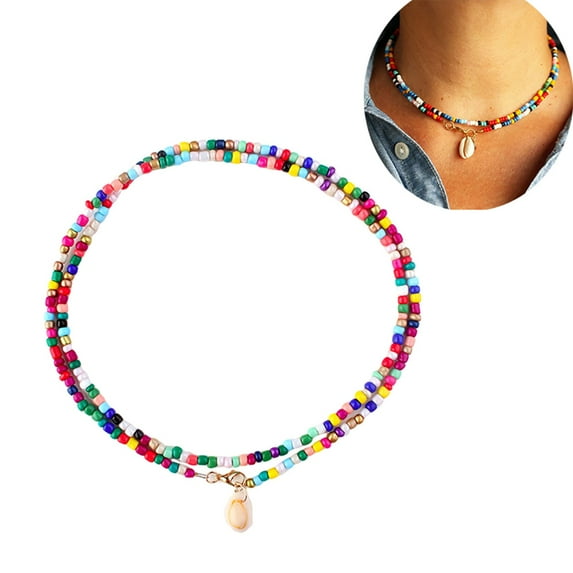 Jiaroswwei Bohemian Women Cowrie Shell Charm Beaded Double Layer Necklace Jewelry Gift