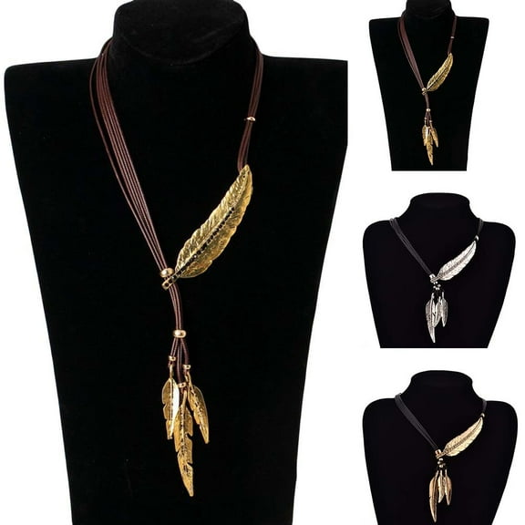 Jiaroswwei Bohemian Women Rhinestone Feather Pendant Faux Leather Rope Necklace Jewelry