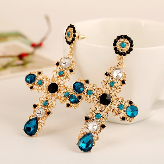 Jiaroswwei Boho Women Rhinestone Inlaid Hollow Cross Dangle Ear Drop Earrings Jewelry Gift