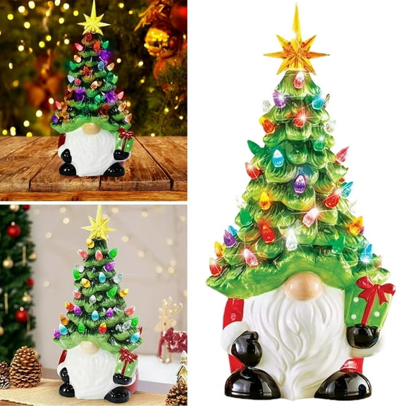 Jiaroswwei Christmas Resin Gnome Statue Figurine with Christmas Tree Hat, Indoor Outdoor Christmas Interior Decor for Kids Women