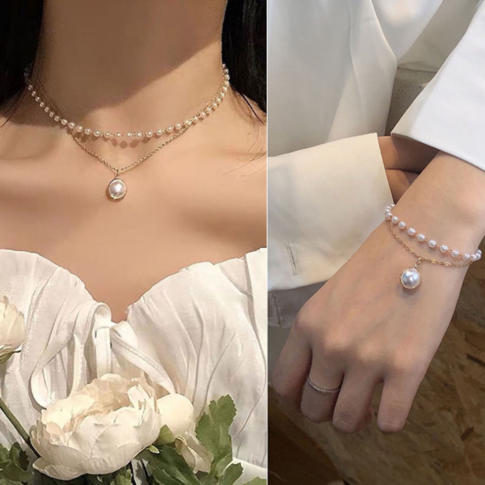 Jiaroswwei Circle Necklaces Double-layered All-match Elegant Comfortable Electroplating Faux Pearls Women Bracelet for Dating