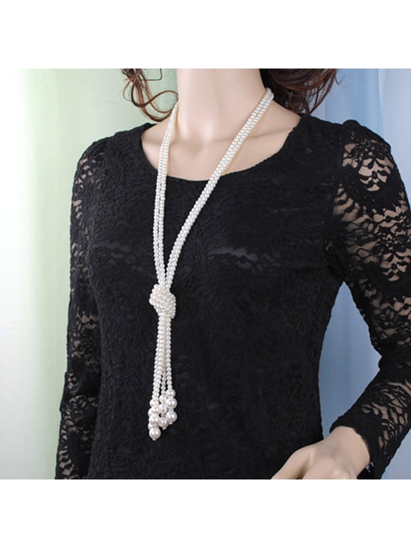 Elegant White Faux Pearl Long Tassel Necklace, Alloy, 31.5 in