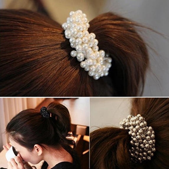 Jiaroswwei Fashion Women Faux Pearls Beads Hair Band Rope Scrunchie Ponytail Holder