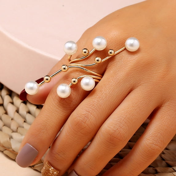 Jiaroswwei Opening Ring Exaggerated Personality Geometric Large Double Layer Gift Elegant High Gloss Faux Pearl Branch Women Ring Fashion Jewelry
