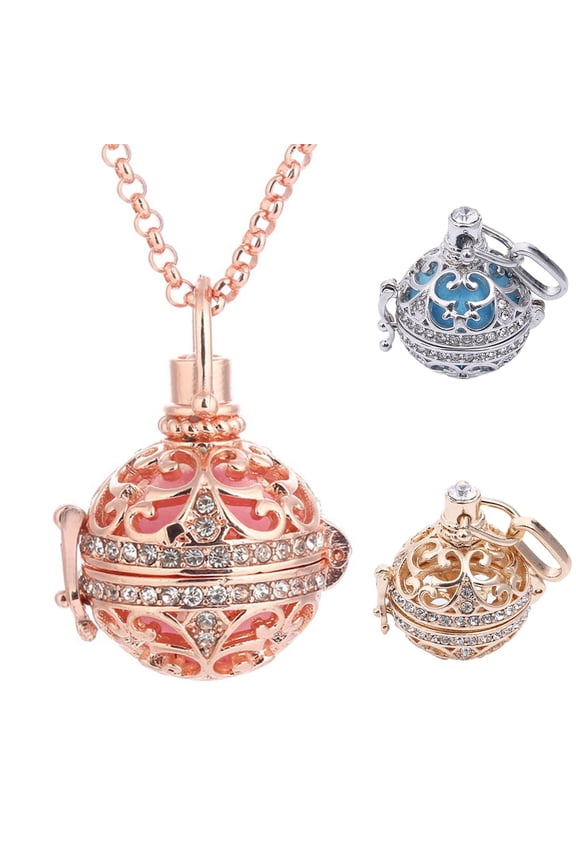 Retro Lady Floral Carved CZ Chime Bell Harmony Ball Locket Angel Caller Necklace