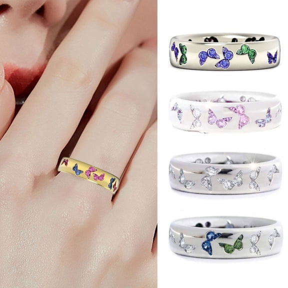 Jiaroswwei Shiny Women Ring Butterfly Pattern Stainless Exquisite Mixed Color Lady Finger Ring for Wedding